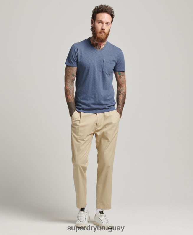 uy Superdry hombres camiseta de algodón orgánico con cuello de pico y bolsillo flameado azul DT2N8Z4936 ropa