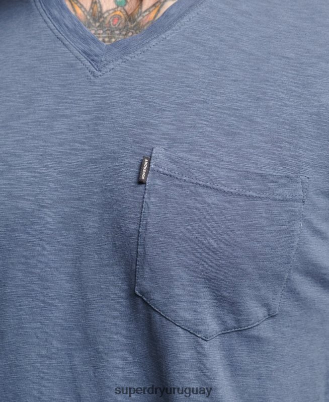 uy Superdry hombres camiseta de algodón orgánico con cuello de pico y bolsillo flameado azul DT2N8Z4936 ropa