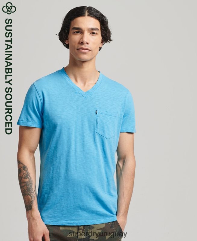 uy Superdry hombres camiseta de algodón orgánico con cuello de pico y bolsillo flameado azul claro DT2N8Z4919 ropa