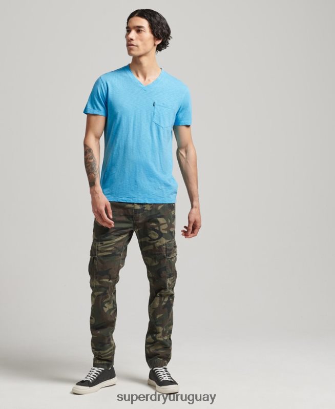 uy Superdry hombres camiseta de algodón orgánico con cuello de pico y bolsillo flameado azul claro DT2N8Z4919 ropa