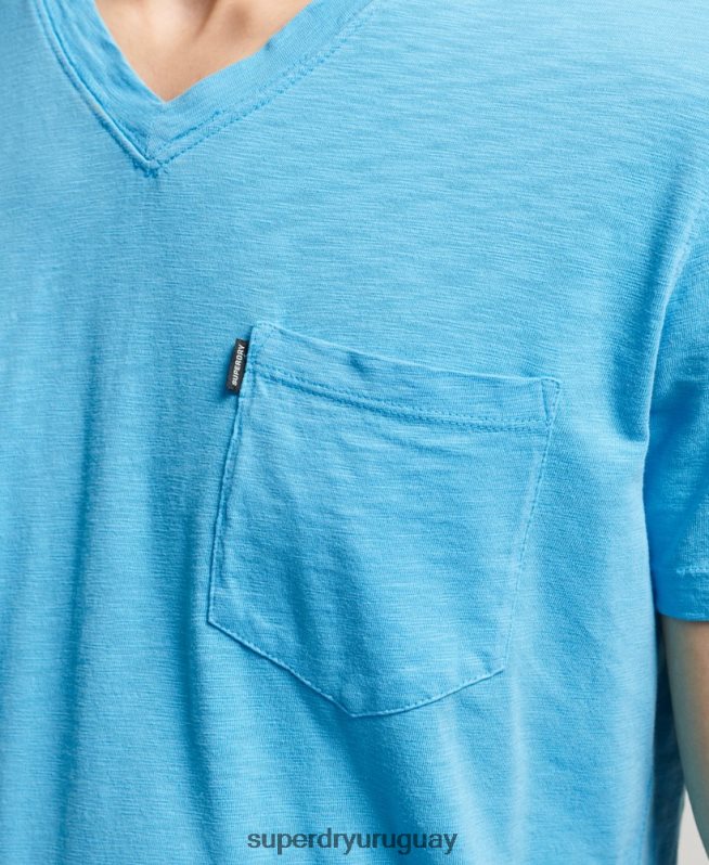 uy Superdry hombres camiseta de algodón orgánico con cuello de pico y bolsillo flameado azul claro DT2N8Z4919 ropa