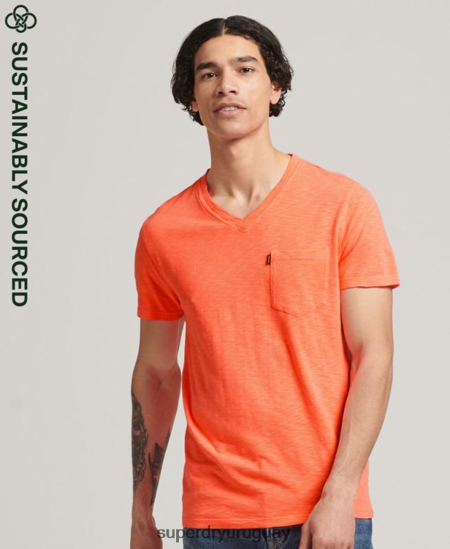 uy Superdry hombres camiseta de algodón orgánico con cuello de pico y bolsillo flameado coral DT2N8Z4863 ropa