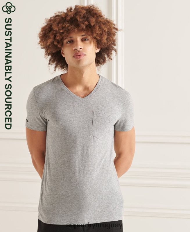 uy Superdry hombres camiseta de algodón orgánico con cuello de pico y bolsillo flameado gris claro DT2N8Z4849 ropa