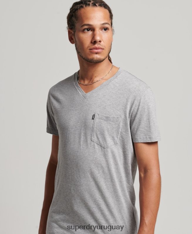 uy Superdry hombres camiseta de algodón orgánico con cuello de pico y bolsillo flameado gris claro DT2N8Z4885 ropa