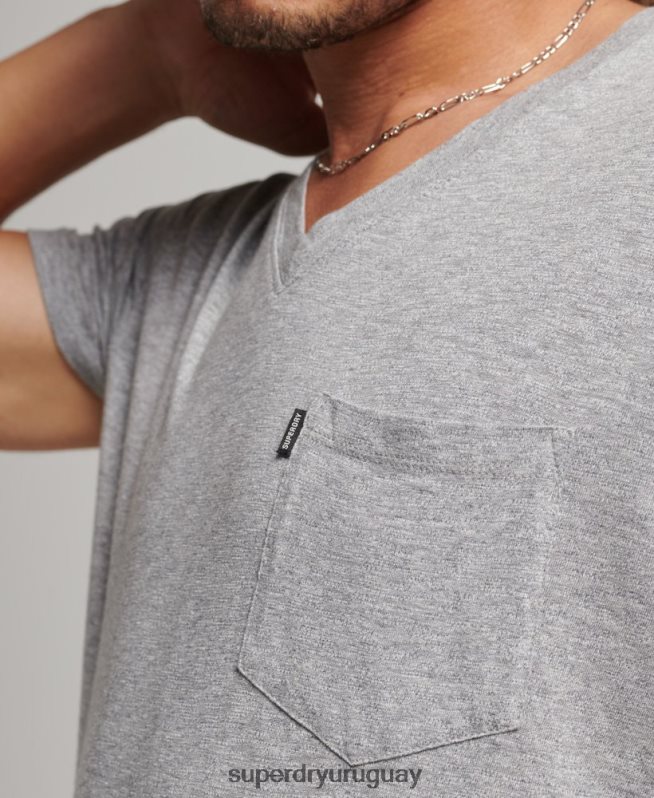 uy Superdry hombres camiseta de algodón orgánico con cuello de pico y bolsillo flameado gris claro DT2N8Z4885 ropa