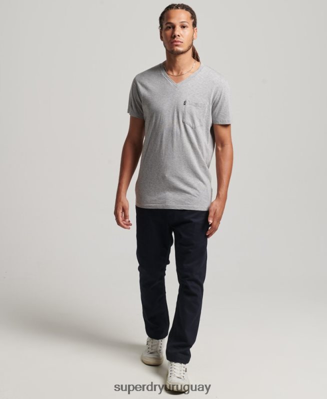 uy Superdry hombres camiseta de algodón orgánico con cuello de pico y bolsillo flameado gris claro DT2N8Z4885 ropa