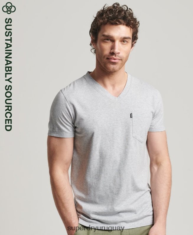 uy Superdry hombres camiseta de algodón orgánico con cuello de pico y bolsillo flameado gris oscuro DT2N8Z4917 ropa