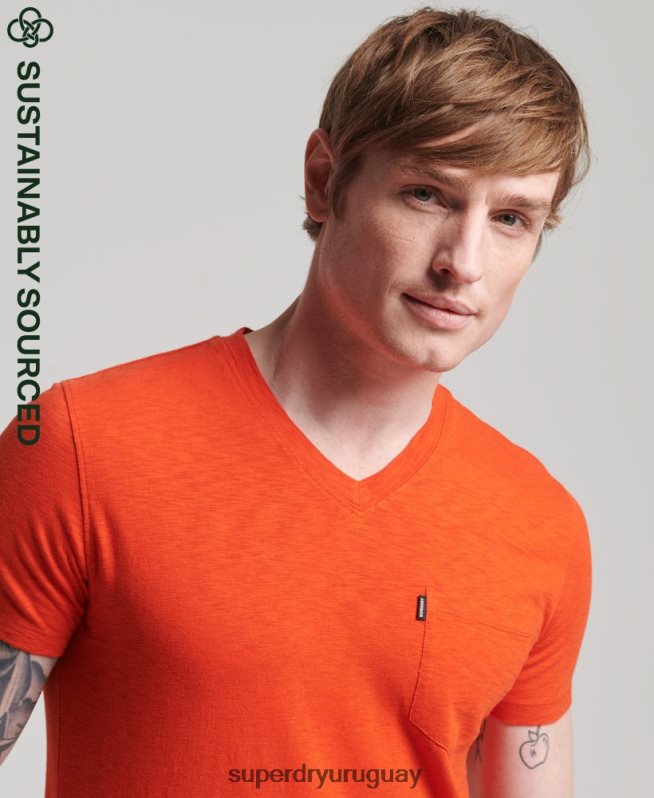 uy Superdry hombres camiseta de algodón orgánico con cuello de pico y bolsillo flameado naranja DT2N8Z4810 ropa