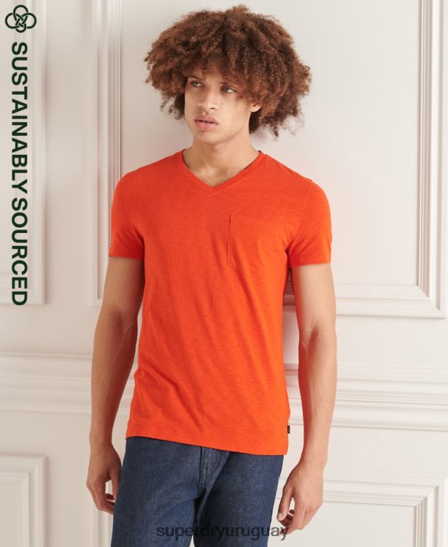 uy Superdry hombres camiseta de algodón orgánico con cuello de pico y bolsillo flameado naranja DT2N8Z4837 ropa