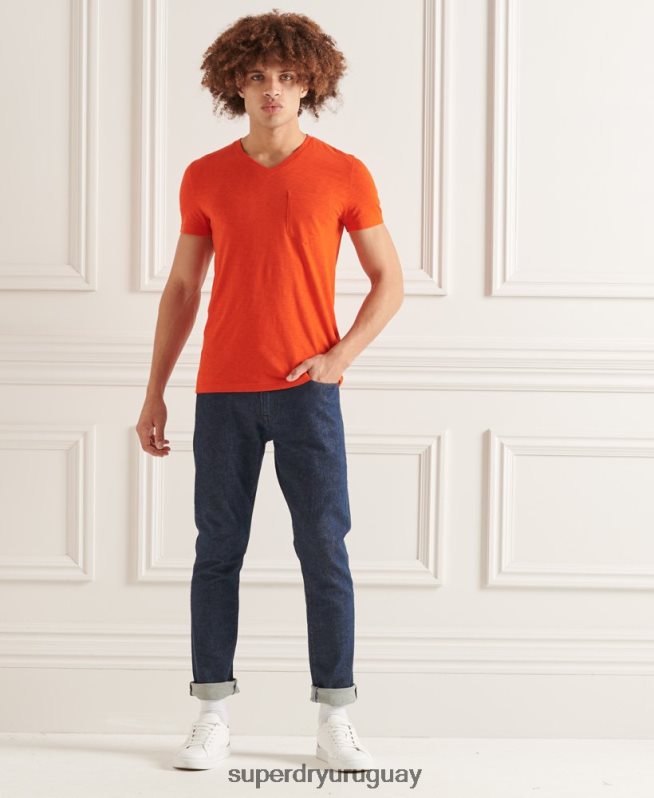 uy Superdry hombres camiseta de algodón orgánico con cuello de pico y bolsillo flameado naranja DT2N8Z4837 ropa