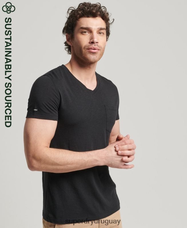 uy Superdry hombres camiseta de algodón orgánico con cuello de pico y bolsillo flameado negro DT2N8Z4862 ropa