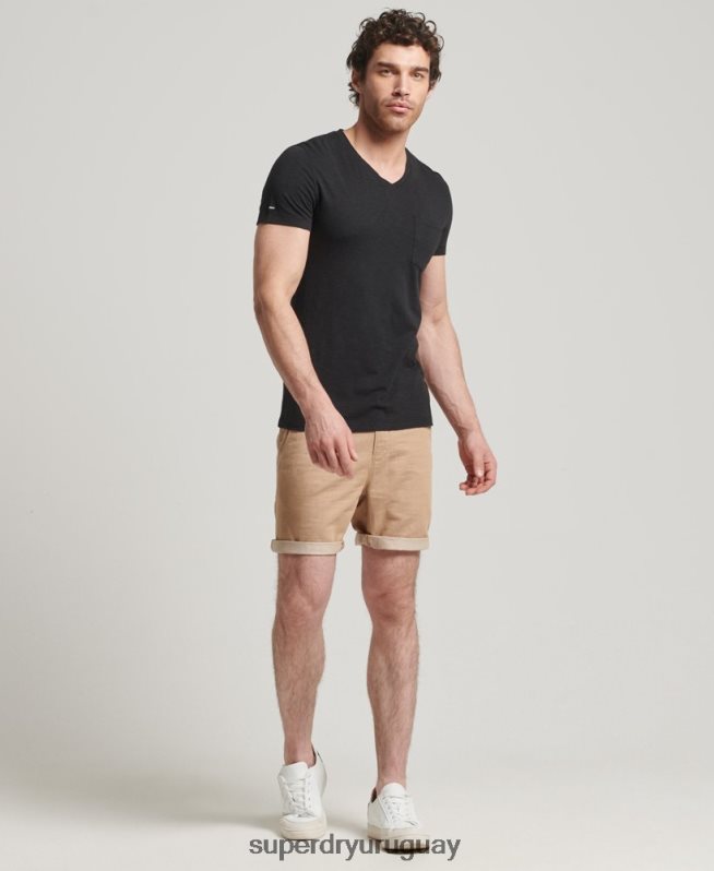 uy Superdry hombres camiseta de algodón orgánico con cuello de pico y bolsillo flameado negro DT2N8Z4862 ropa