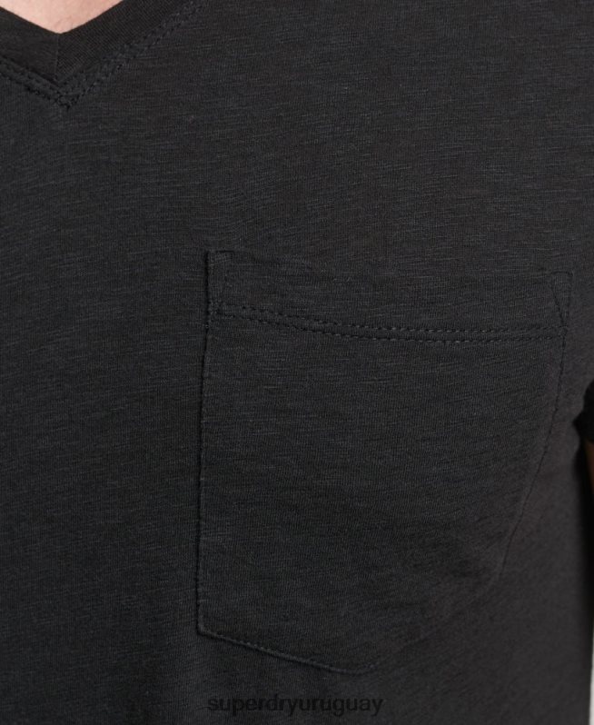 uy Superdry hombres camiseta de algodón orgánico con cuello de pico y bolsillo flameado negro DT2N8Z4862 ropa