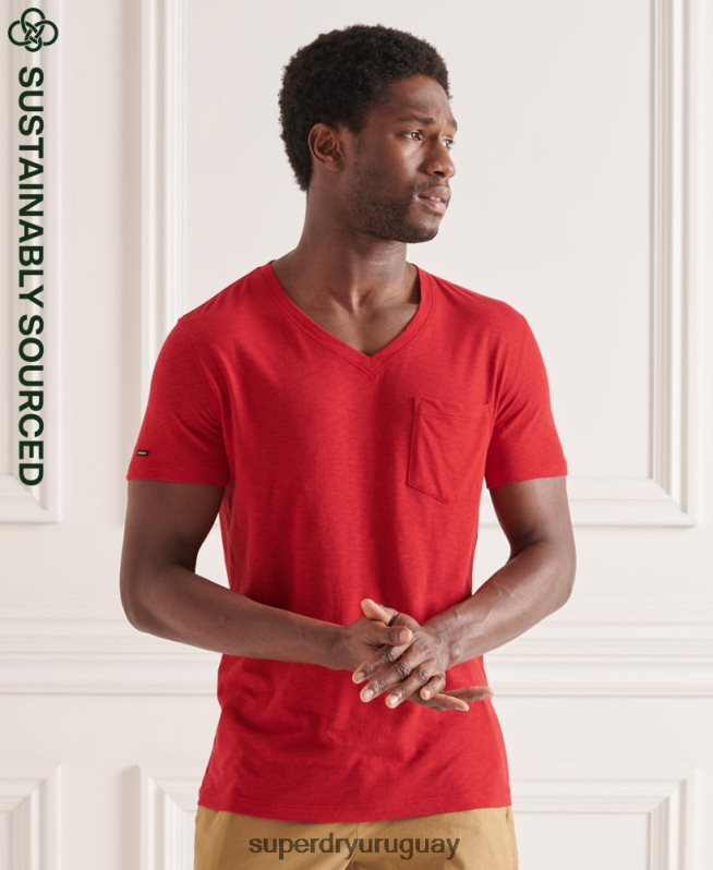 uy Superdry hombres camiseta de algodón orgánico con cuello de pico y bolsillo flameado rojo DT2N8Z4834 ropa