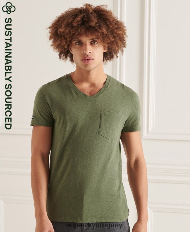 uy Superdry hombres camiseta de algodón orgánico con cuello de pico y bolsillo flameado verde DT2N8Z4846 ropa
