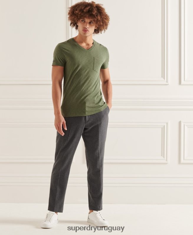 uy Superdry hombres camiseta de algodón orgánico con cuello de pico y bolsillo flameado verde DT2N8Z4846 ropa