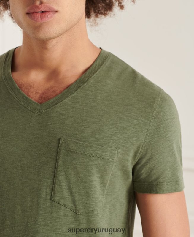 uy Superdry hombres camiseta de algodón orgánico con cuello de pico y bolsillo flameado verde DT2N8Z4846 ropa