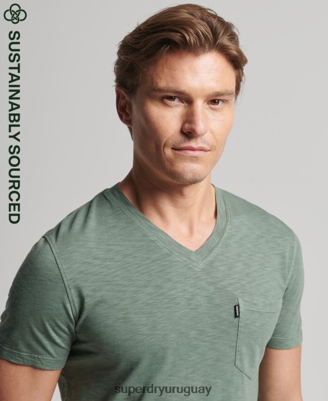 uy Superdry hombres camiseta de algodón orgánico con cuello de pico y bolsillo flameado verde DT2N8Z4857 ropa