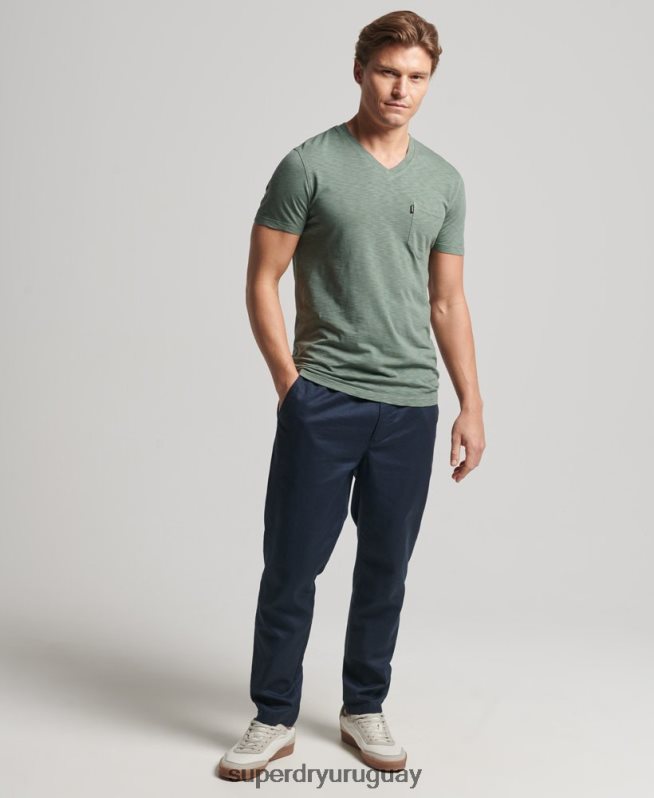 uy Superdry hombres camiseta de algodón orgánico con cuello de pico y bolsillo flameado verde DT2N8Z4857 ropa