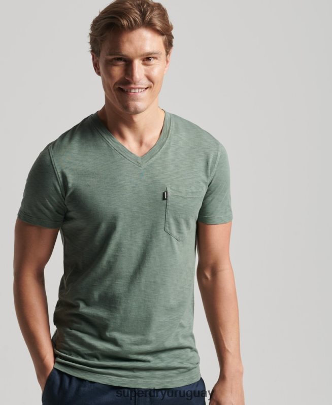 uy Superdry hombres camiseta de algodón orgánico con cuello de pico y bolsillo flameado verde DT2N8Z4857 ropa