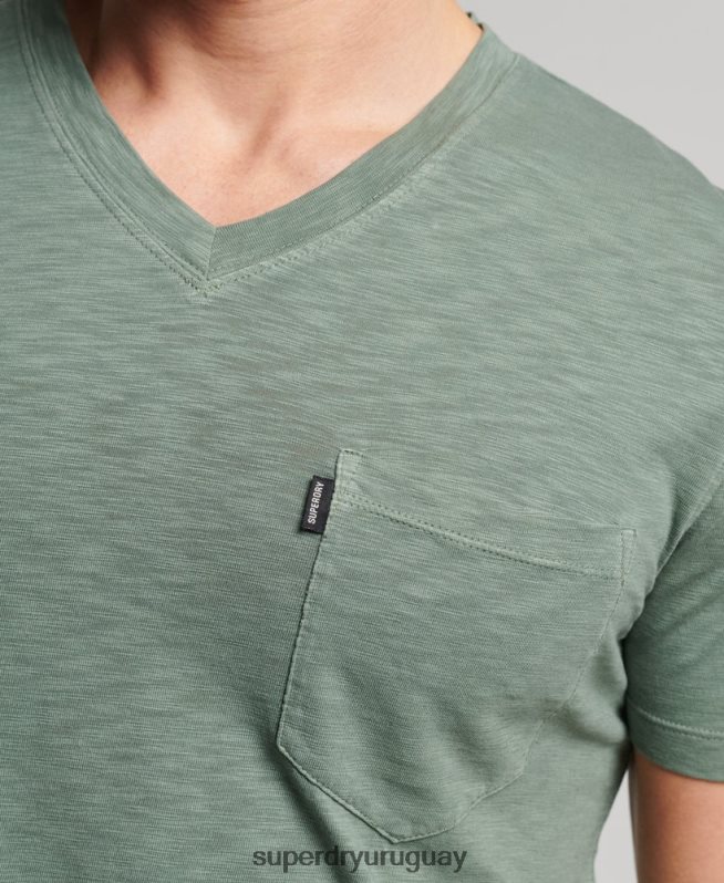 uy Superdry hombres camiseta de algodón orgánico con cuello de pico y bolsillo flameado verde DT2N8Z4857 ropa