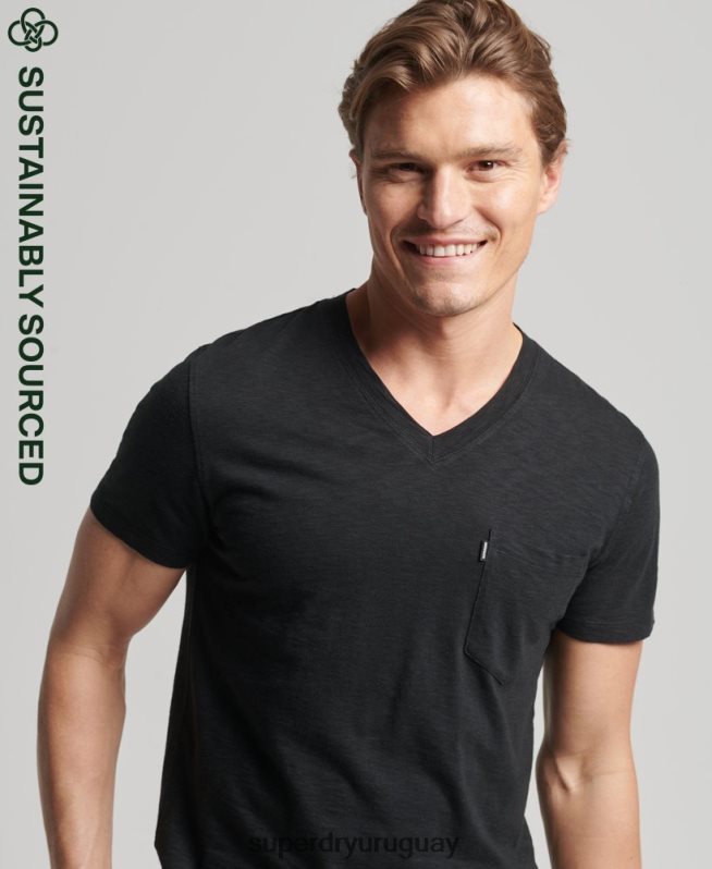 uy Superdry hombres camiseta de algodón orgánico con cuello de pico y bolsillo negro DT2N8Z4939 ropa