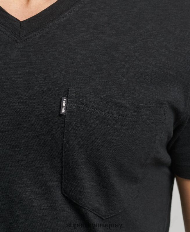 uy Superdry hombres camiseta de algodón orgánico con cuello de pico y bolsillo negro DT2N8Z4939 ropa