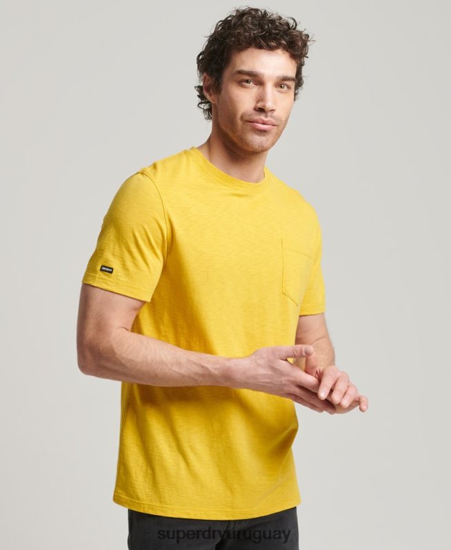 uy Superdry hombres camiseta de algodón orgánico con cuello redondo y bolsillo flameado amarillo DT2N8Z4817 ropa