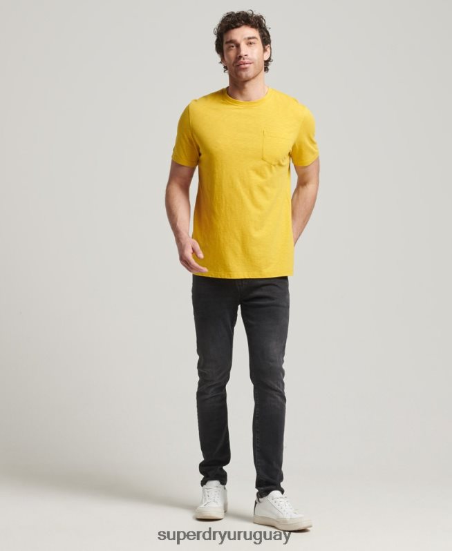 uy Superdry hombres camiseta de algodón orgánico con cuello redondo y bolsillo flameado amarillo DT2N8Z4817 ropa