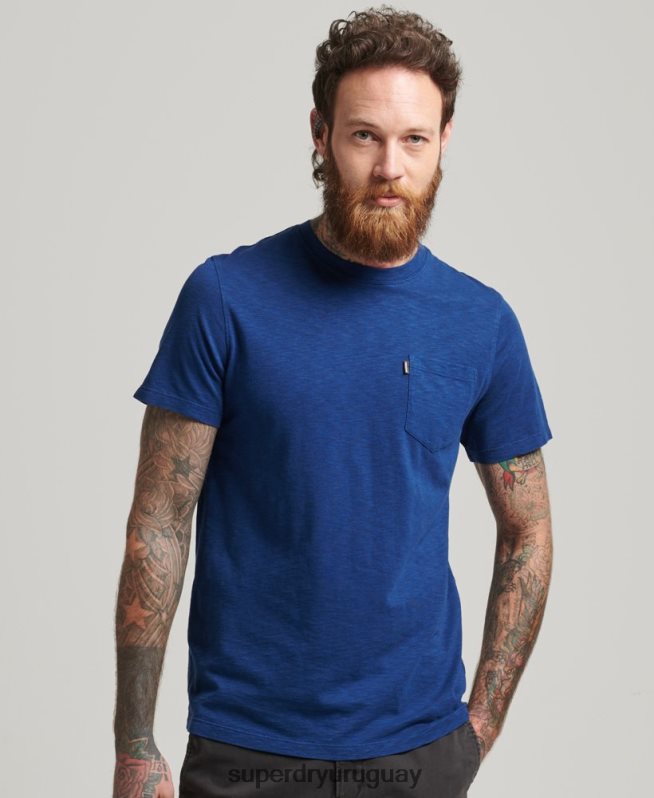 uy Superdry hombres camiseta de algodón orgánico con cuello redondo y bolsillo flameado azul DT2N8Z4884 ropa