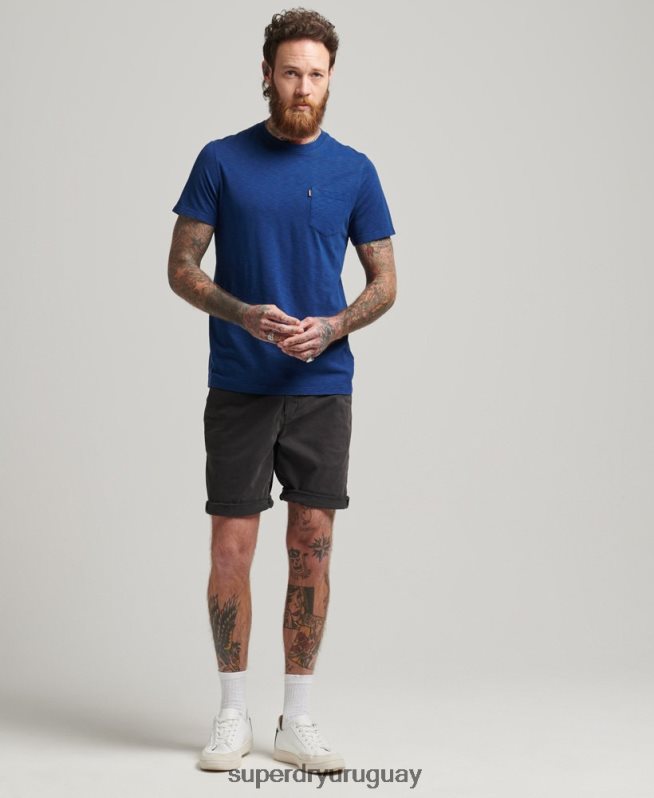 uy Superdry hombres camiseta de algodón orgánico con cuello redondo y bolsillo flameado azul DT2N8Z4884 ropa