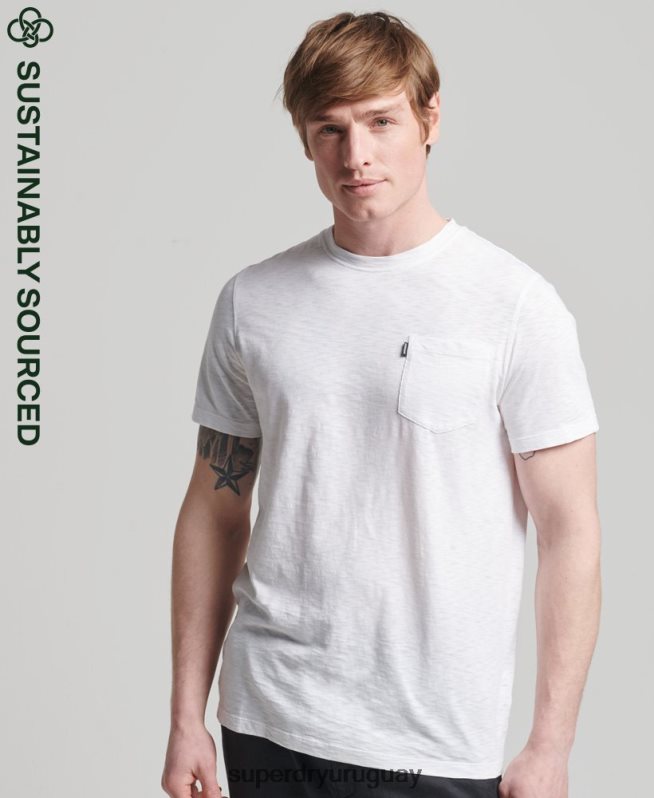 uy Superdry hombres camiseta de algodón orgánico con cuello redondo y bolsillo flameado blanco DT2N8Z4865 ropa