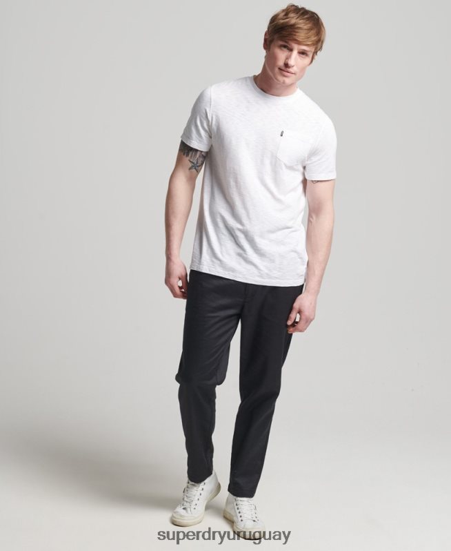 uy Superdry hombres camiseta de algodón orgánico con cuello redondo y bolsillo flameado blanco DT2N8Z4865 ropa