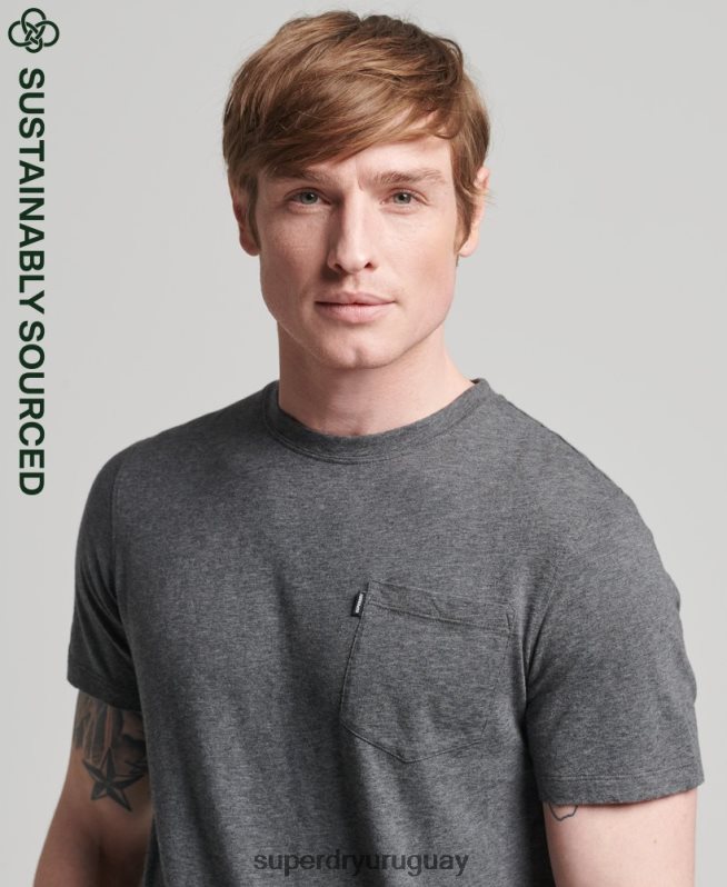 uy Superdry hombres camiseta de algodón orgánico con cuello redondo y bolsillo flameado gris oscuro DT2N8Z4910 ropa