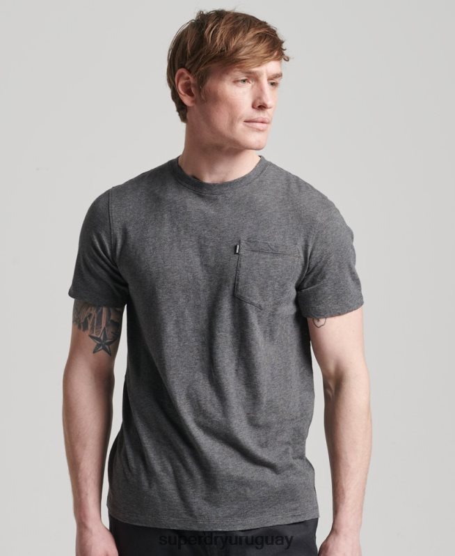 uy Superdry hombres camiseta de algodón orgánico con cuello redondo y bolsillo flameado gris oscuro DT2N8Z4910 ropa