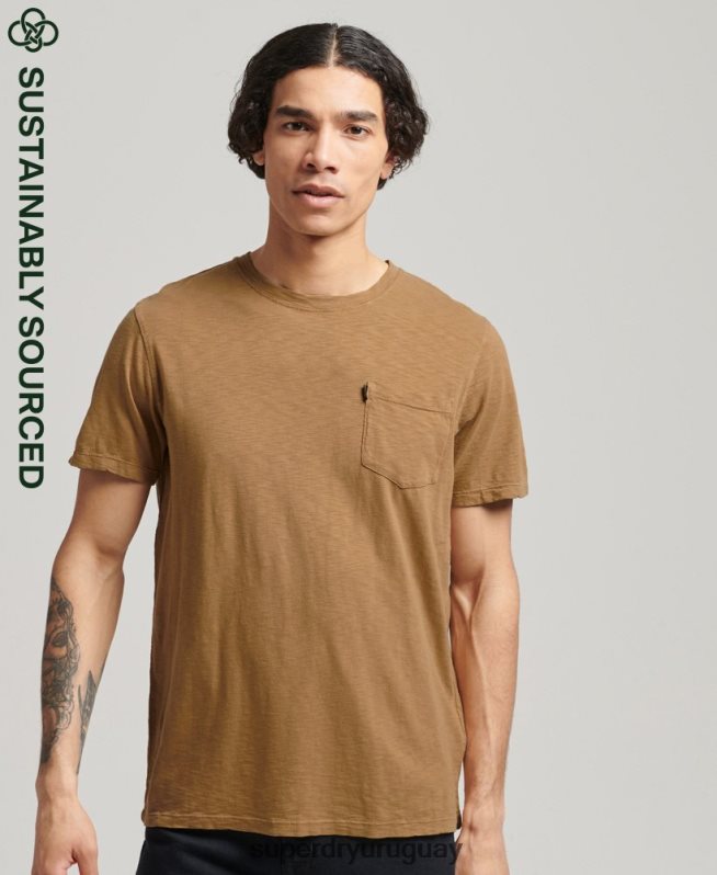 uy Superdry hombres camiseta de algodón orgánico con cuello redondo y bolsillo flameado marrón DT2N8Z4905 ropa