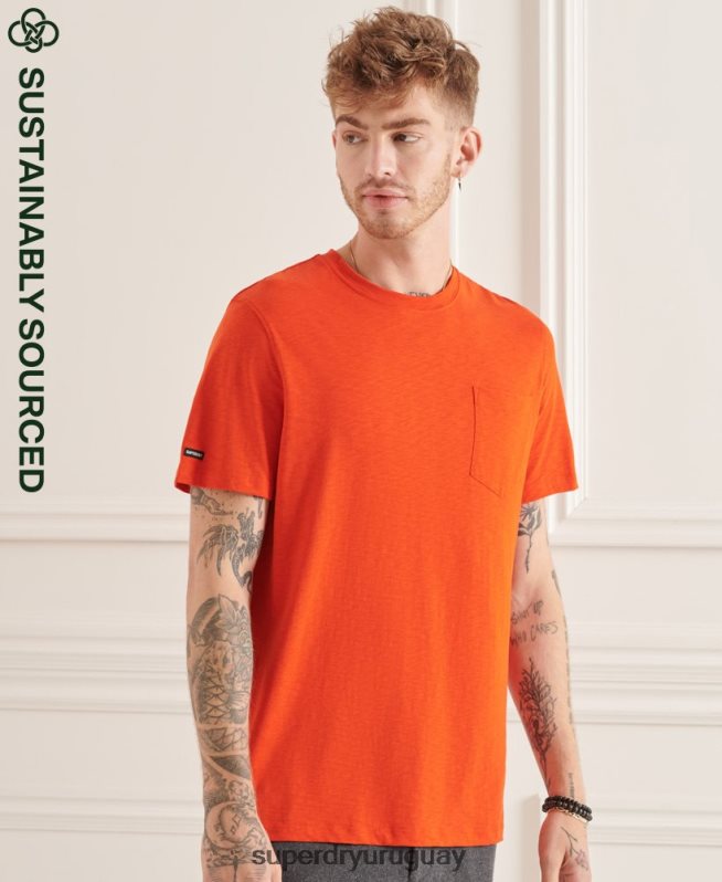 uy Superdry hombres camiseta de algodón orgánico con cuello redondo y bolsillo flameado naranja DT2N8Z4859 ropa