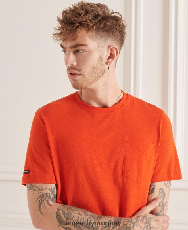 uy Superdry hombres camiseta de algodón orgánico con cuello redondo y bolsillo flameado naranja DT2N8Z4859 ropa