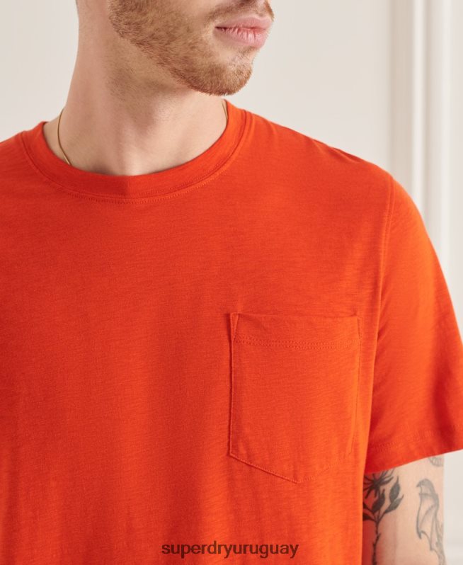 uy Superdry hombres camiseta de algodón orgánico con cuello redondo y bolsillo flameado naranja DT2N8Z4859 ropa