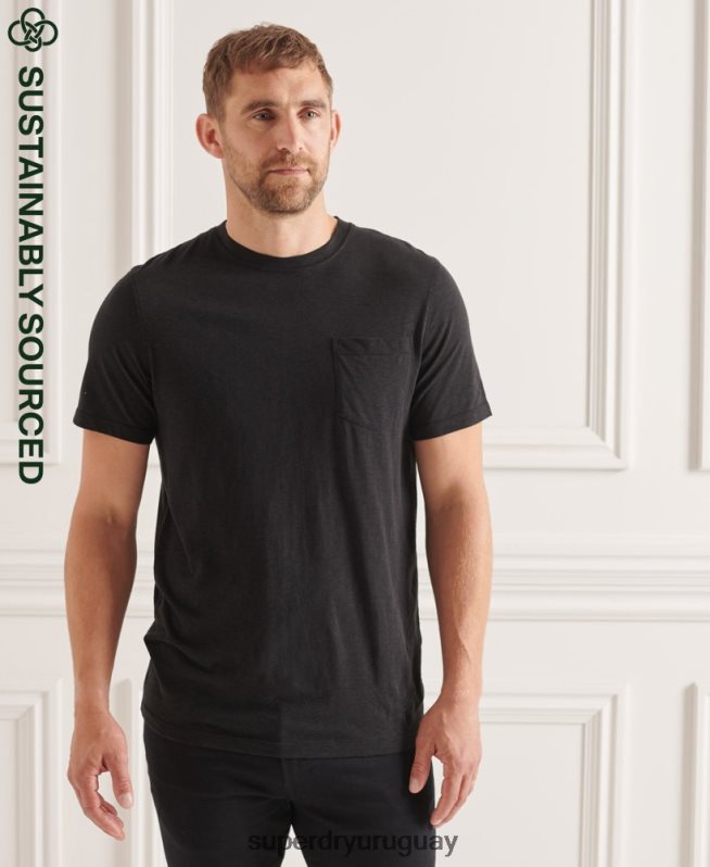 uy Superdry hombres camiseta de algodón orgánico con cuello redondo y bolsillo flameado negro DT2N8Z4845 ropa