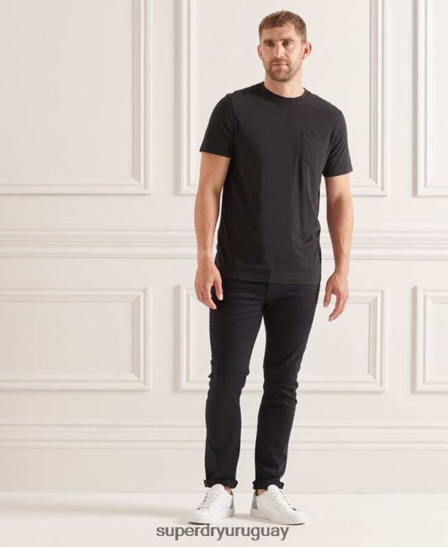 uy Superdry hombres camiseta de algodón orgánico con cuello redondo y bolsillo flameado negro DT2N8Z4845 ropa