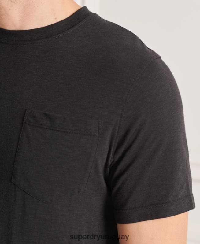 uy Superdry hombres camiseta de algodón orgánico con cuello redondo y bolsillo flameado negro DT2N8Z4845 ropa