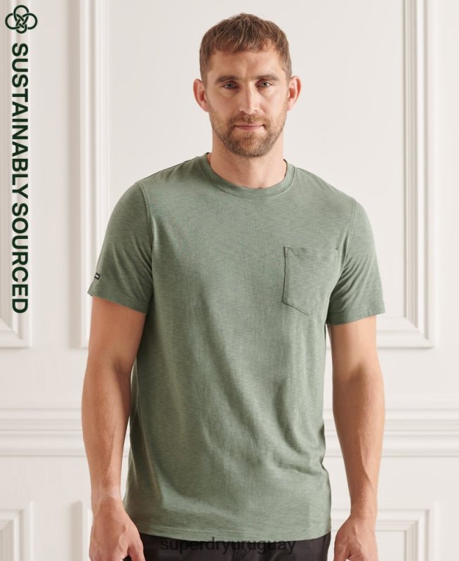 uy Superdry hombres camiseta de algodón orgánico con cuello redondo y bolsillo flameado verde DT2N8Z4879 ropa