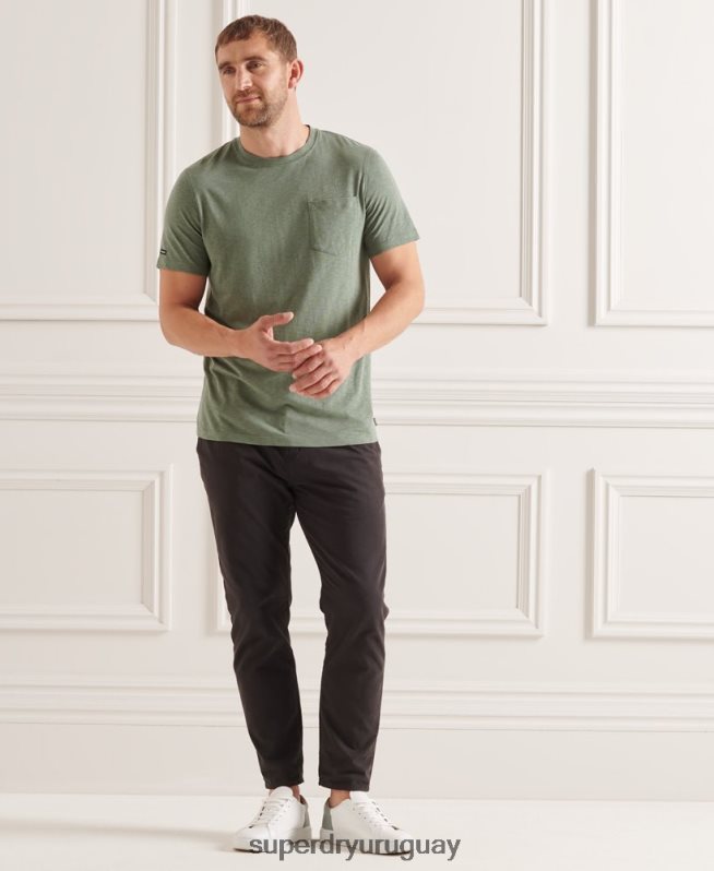 uy Superdry hombres camiseta de algodón orgánico con cuello redondo y bolsillo flameado verde DT2N8Z4879 ropa