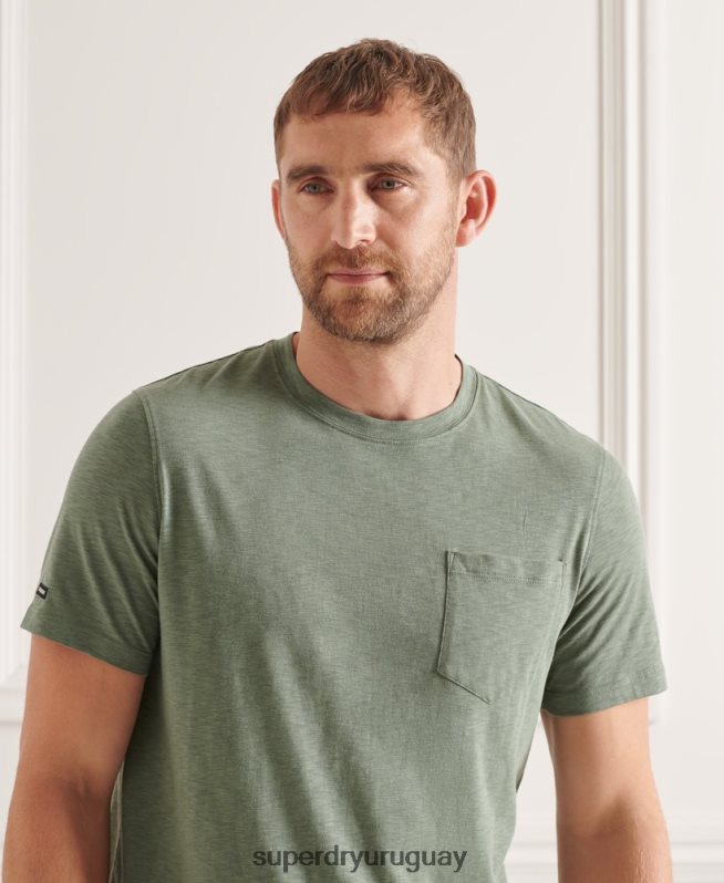 uy Superdry hombres camiseta de algodón orgánico con cuello redondo y bolsillo flameado verde DT2N8Z4879 ropa