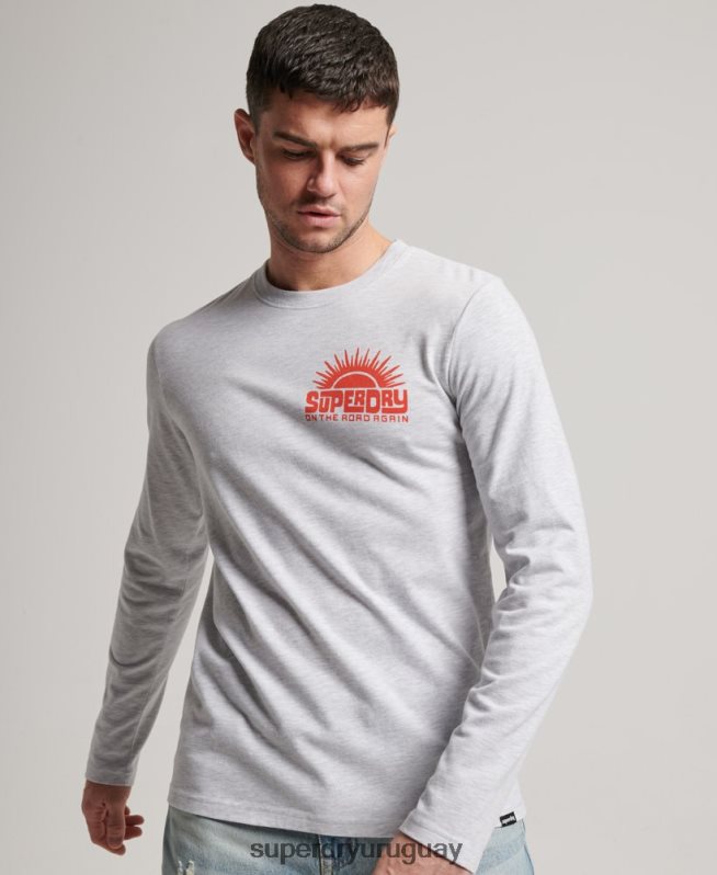 uy Superdry hombres camiseta de manga larga con pegatina de viaje gris claro DT2N8Z1499 ropa