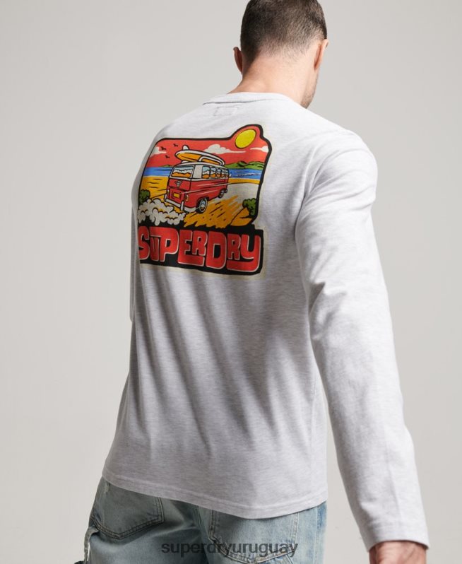 uy Superdry hombres camiseta de manga larga con pegatina de viaje gris claro DT2N8Z1499 ropa