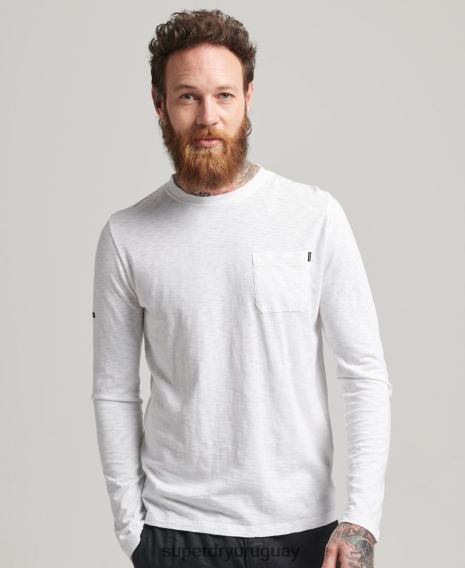 uy Superdry hombres camiseta de manga larga de jersey flameado de algodón orgánico blanco DT2N8Z6435 ropa