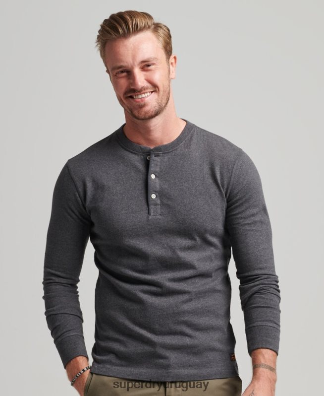 uy Superdry hombres camiseta henley de manga larga de algodón orgánico gris oscuro DT2N8Z6376 ropa