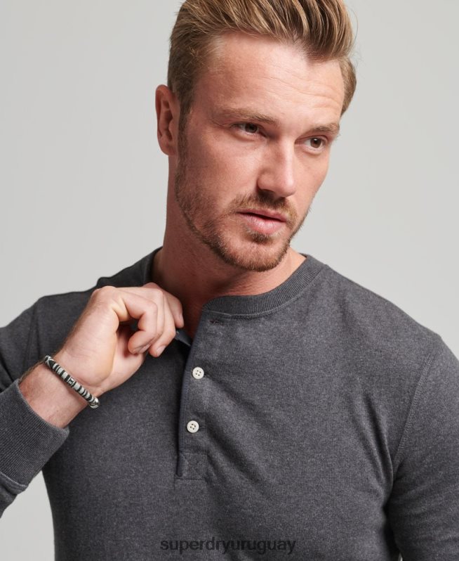 uy Superdry hombres camiseta henley de manga larga de algodón orgánico gris oscuro DT2N8Z6376 ropa
